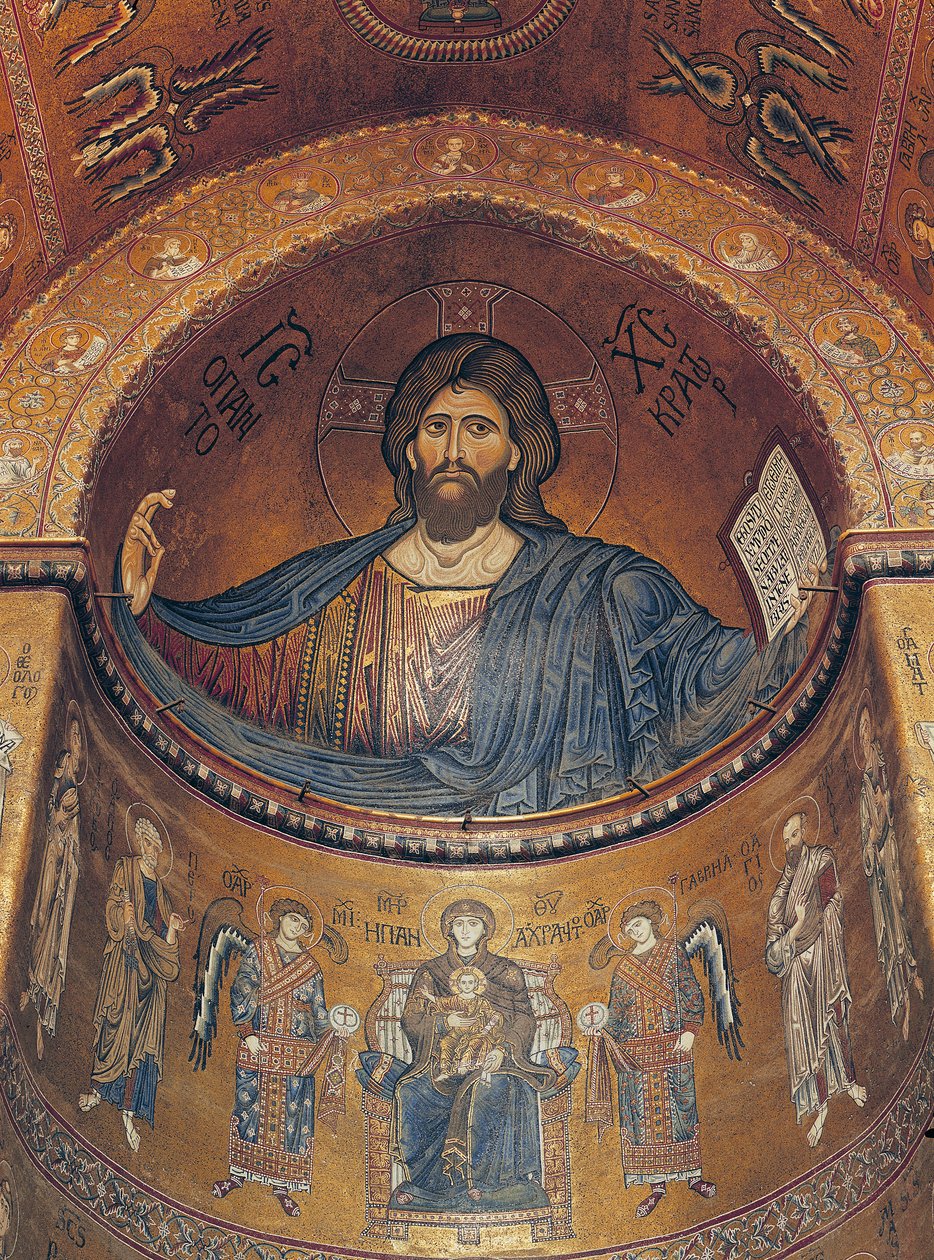 Chrystus Pantokrator i Madonna Intronizowana z Aniołami i Apostołami, z absydy centralnej (mozaika) autorstwa Byzantine School