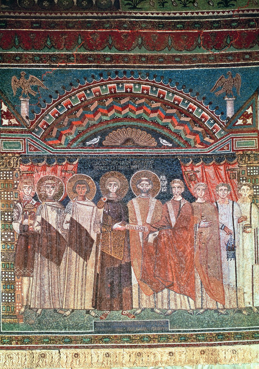 Konstantyn IV (654-85) nadający przywileje biskupowi Reparatusowi dla kościoła w Rawennie, 671-77 (mozaika) autorstwa Byzantine School