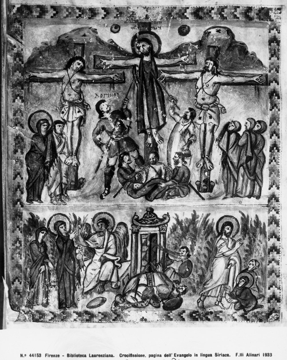 Ukrzyżowanie i Zmartwychwstanie, z Ewangelii Rabula, 586 rne autorstwa Byzantine School