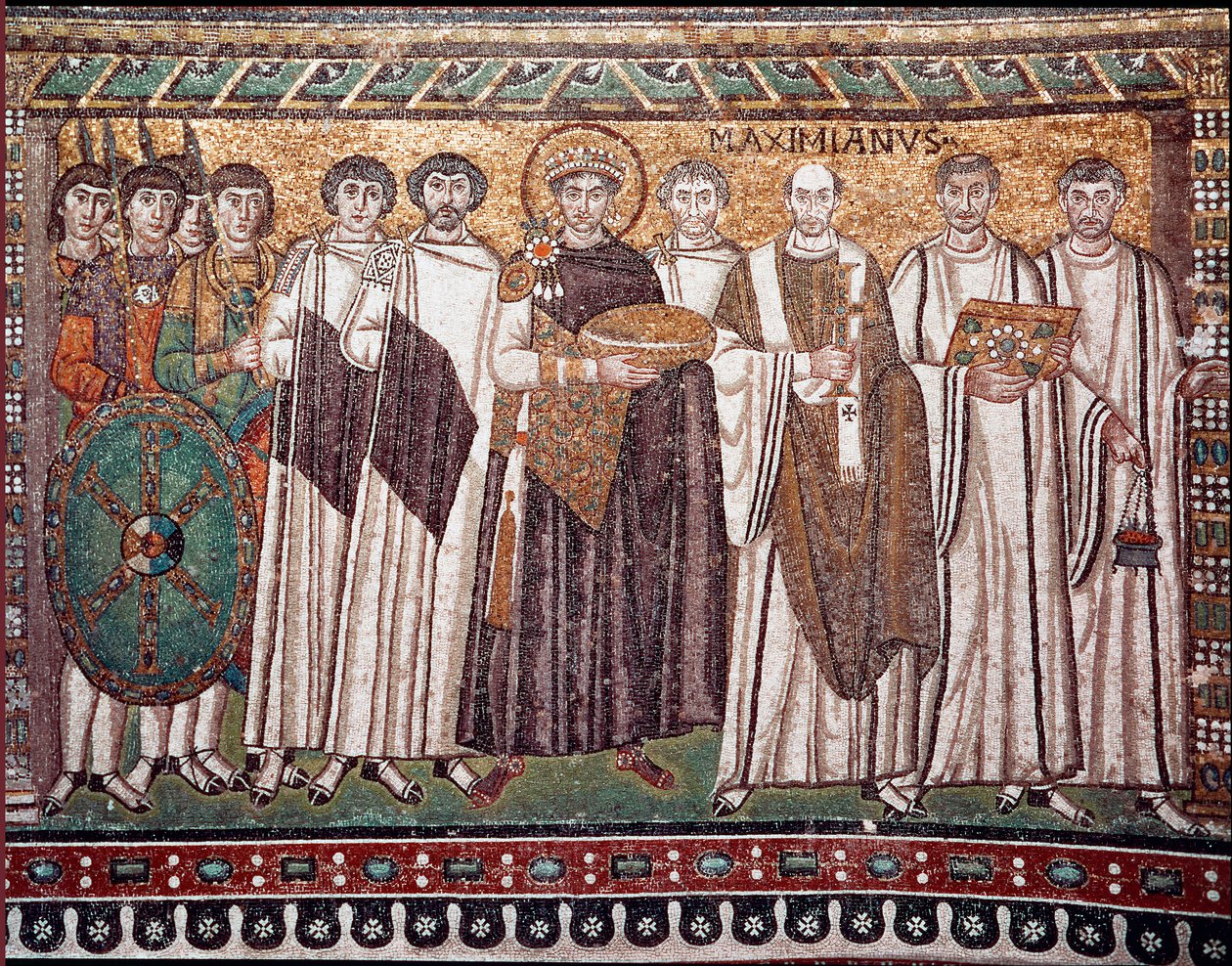 Cesarz Justynian I i jego orszak urzędników, strażników i duchownych, ok. 547 r. n.e. (mozaika) autorstwa Byzantine School