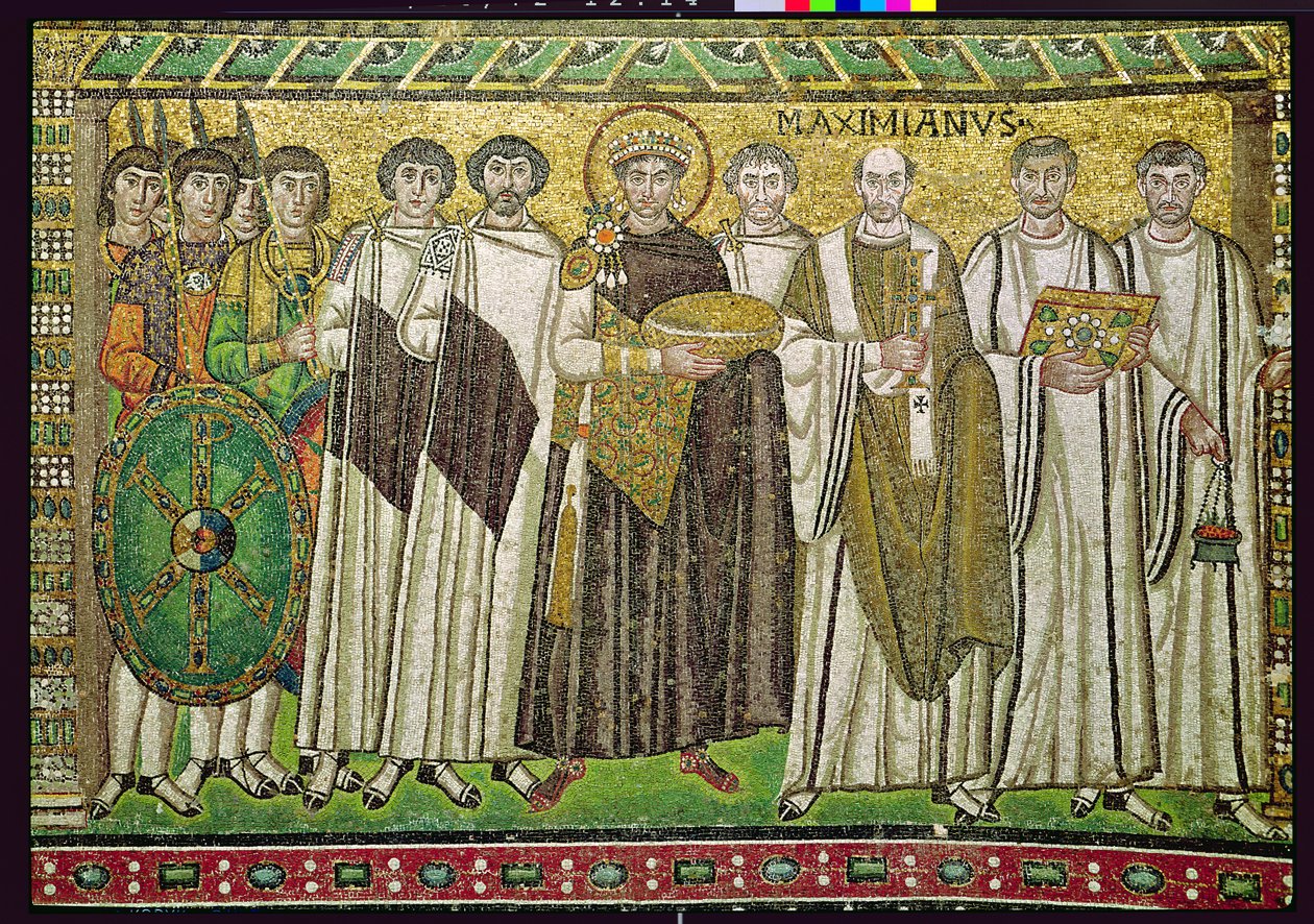 Cesarz Justynian I i jego orszak urzędników, strażników i duchowieństwa, ok. 547 r. (mozaika) autorstwa Byzantine School