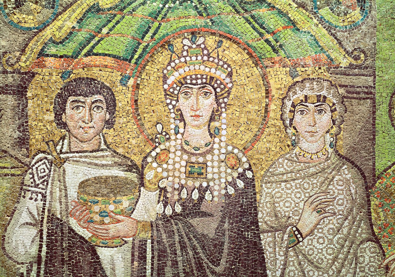 Cesarzowa Teodora ze swoim dworem złożonym z dwóch ministrów i siedmiu kobiet, ok. 547 r. (mozaika) (szczegół) autorstwa Byzantine School