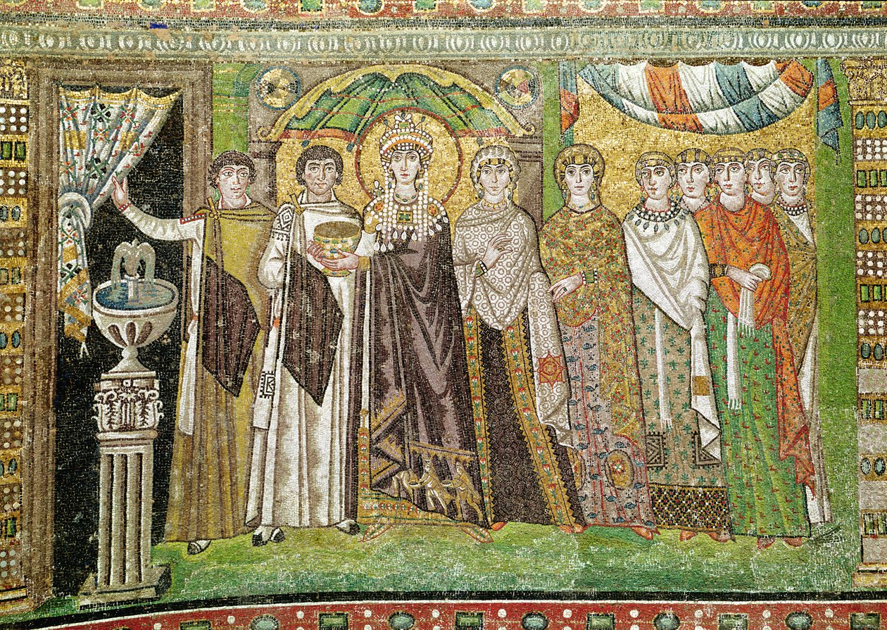 Cesarzowa Teodora ze swoim dworem złożonym z dwóch ministrów i siedmiu kobiet, ok. 547 r. (mozaika) autorstwa Byzantine School
