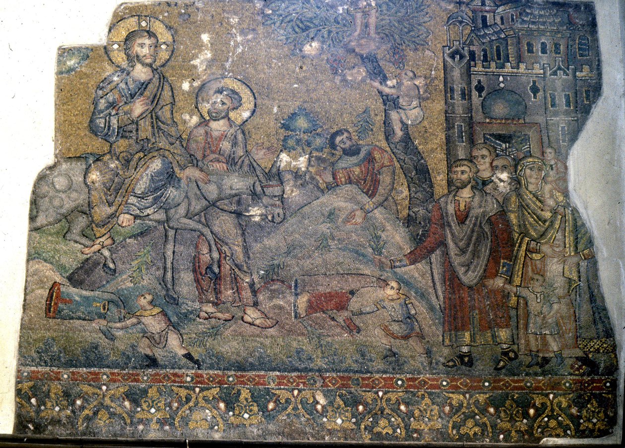 Jezus wjeżdżający do Jerozolimy w Niedzielę Palmową, Bazylika Narodzenia Pańskiego, Betlejem (mozaika) autorstwa Byzantine School