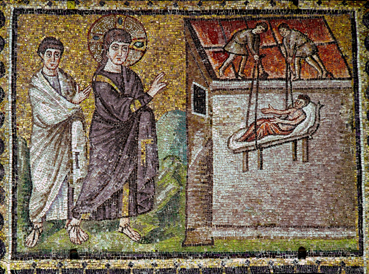 Jezus w cudowny sposób walczył z paralitykiem w mozaiki Kafarnaum z VI wieku. Bazylika św. Apollinara Dziewiątego w Rawennie (Sant