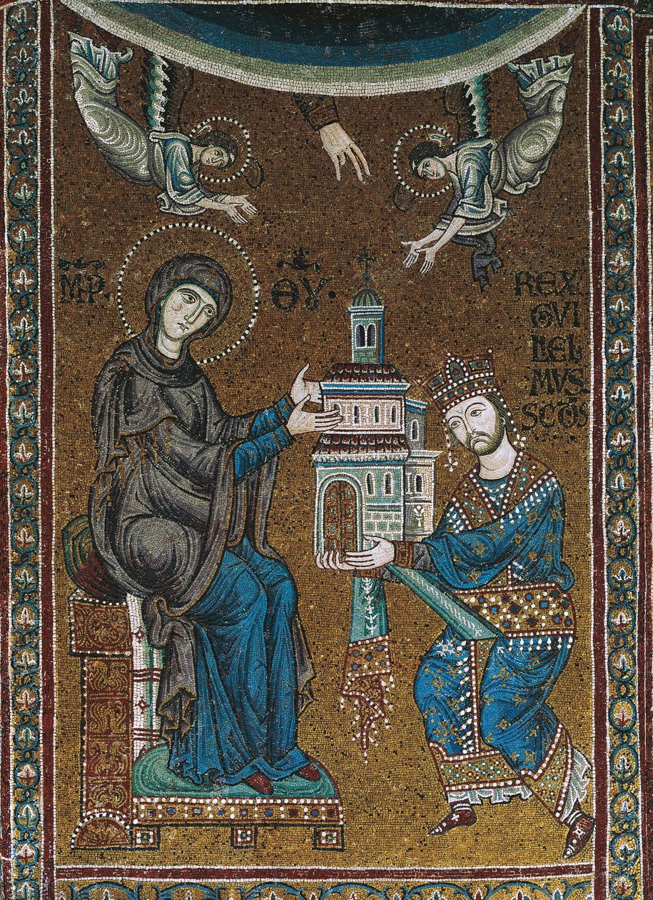 Król Wilhelm II Sycylii ofiarowuje Dziewicy Kościół Monreale (mozaika) autorstwa Byzantine School
