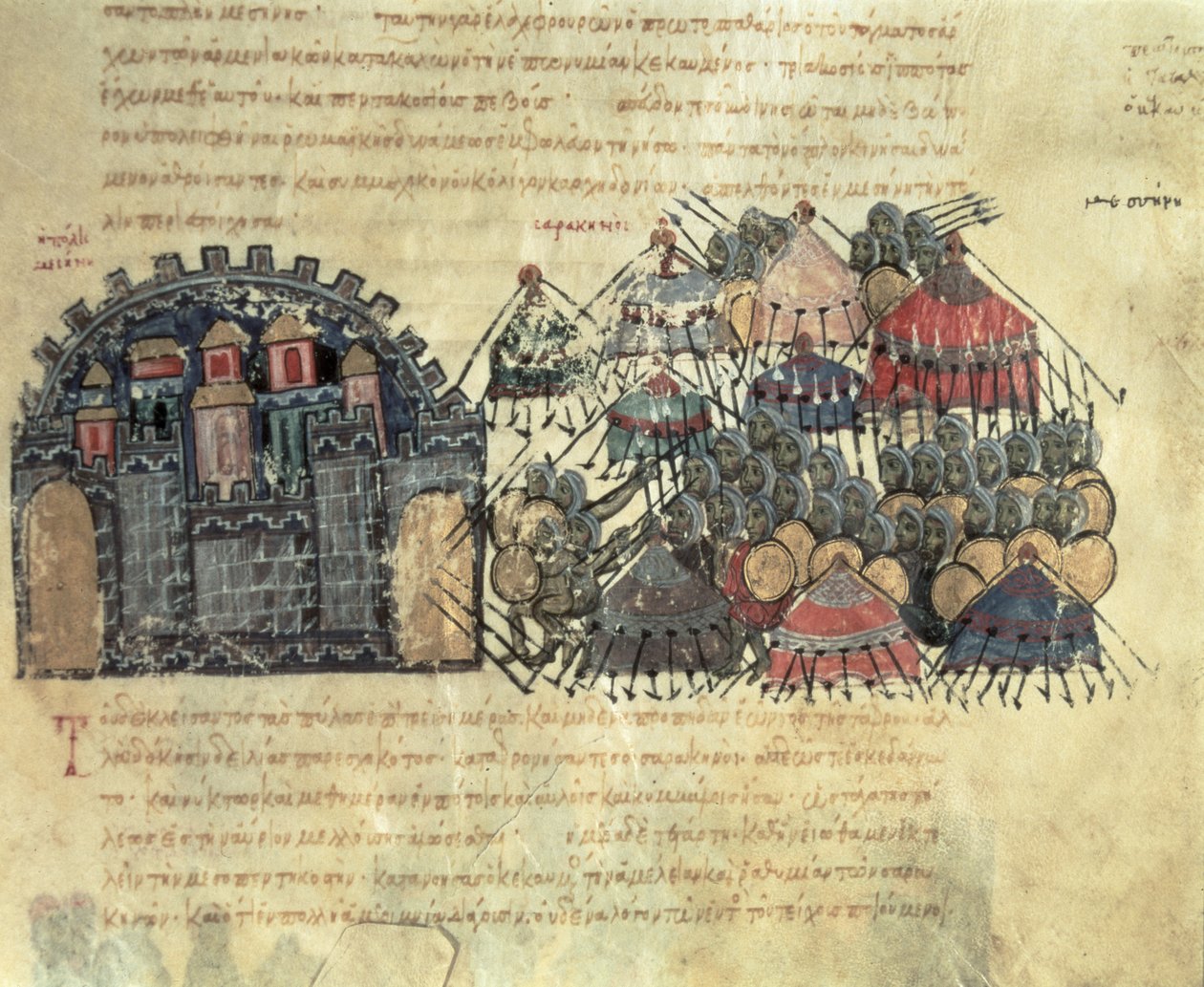 MMS Vitr. 26-7 bizantyjczyków oblegających Mesynę, z madryckiego Skylitzes (welum) autorstwa Byzantine School