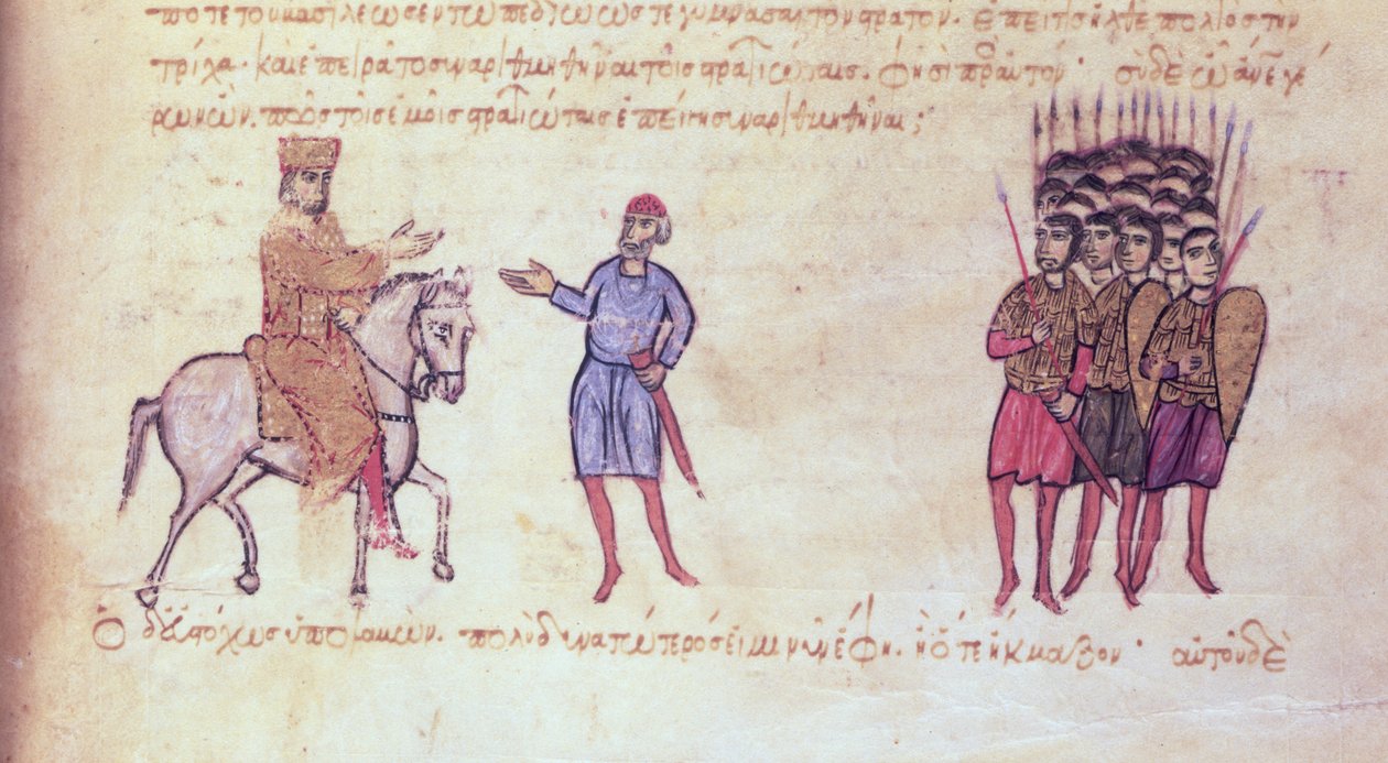 MMS Vitr 26-7 Armia bizantyjska wypędza Bułgarów z cara Kruma z madryckiego Skylitzes (atrament i złoto na welinie) autorstwa Byzantine School
