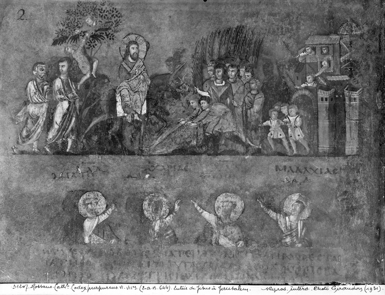 Ms EAB 664 Wjazd Jezusa do Jerozolimy, z Codex Purpureus autorstwa Byzantine School
