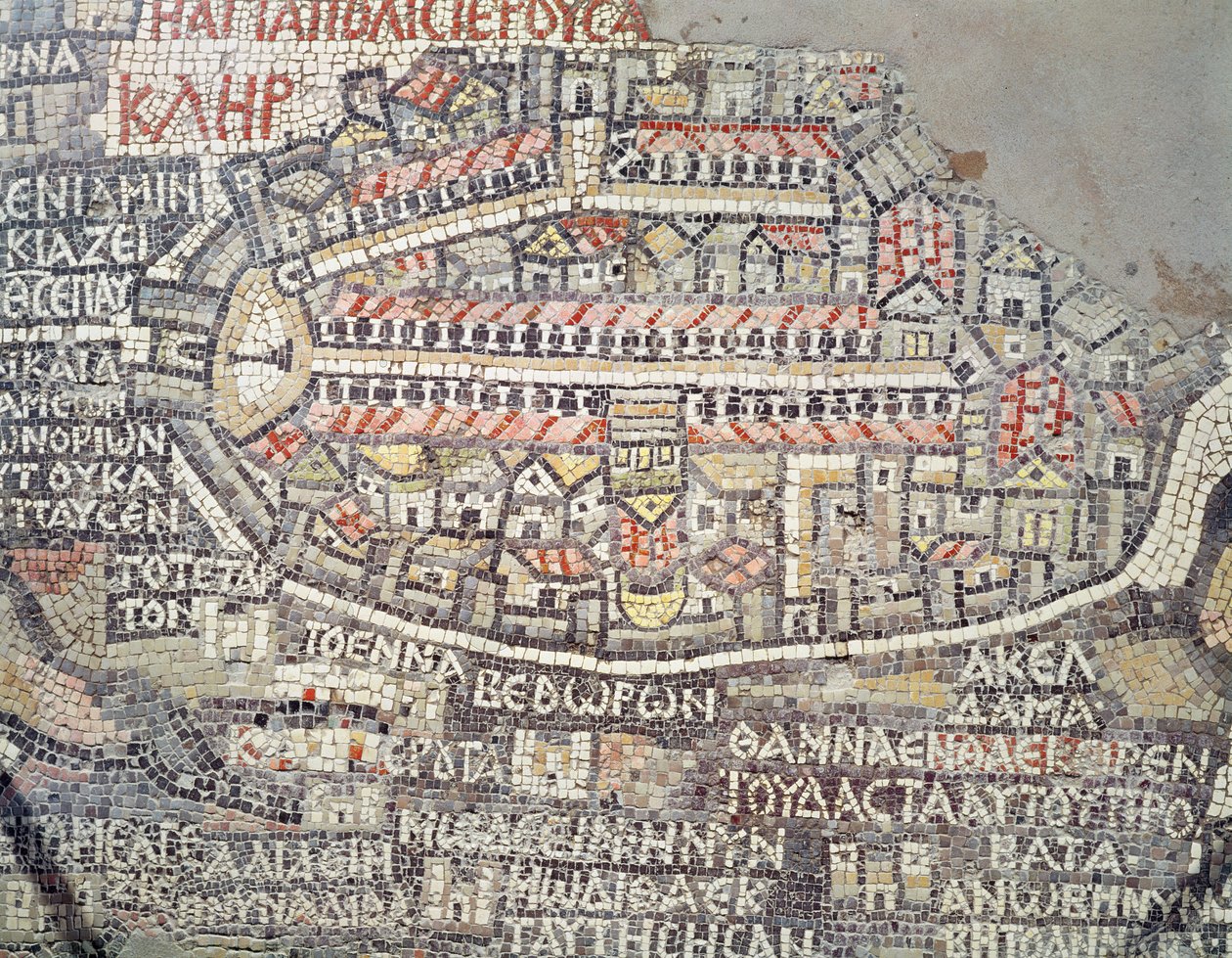 Miasto Jerozolima i okolice, fragment z mozaikowej mapy Madaba, Bizancjum, VI w. (mozaika) autorstwa Byzantine School
