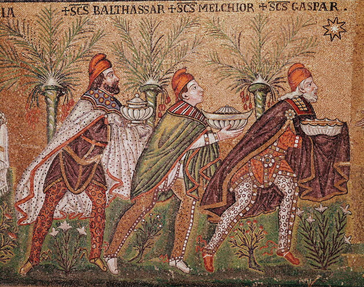 Pokłon Trzech Króli (szczegół mozaiki, VI wiek) autorstwa Byzantine School