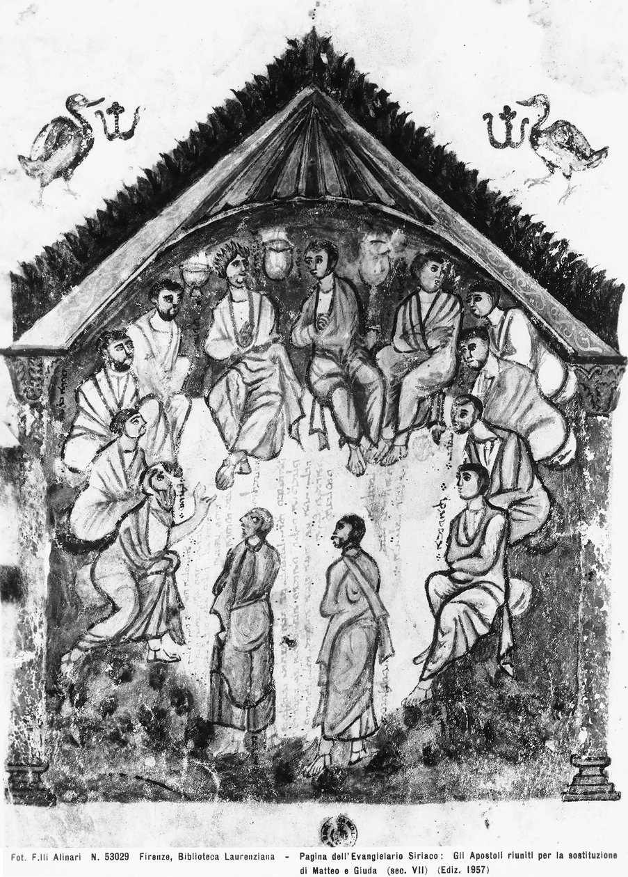 Apostołowie zebrali się, by zastąpić Judasza Maciejem, folio z Ewangelii Rabuli, 586 ne (tempera na welinie) autorstwa Byzantine School