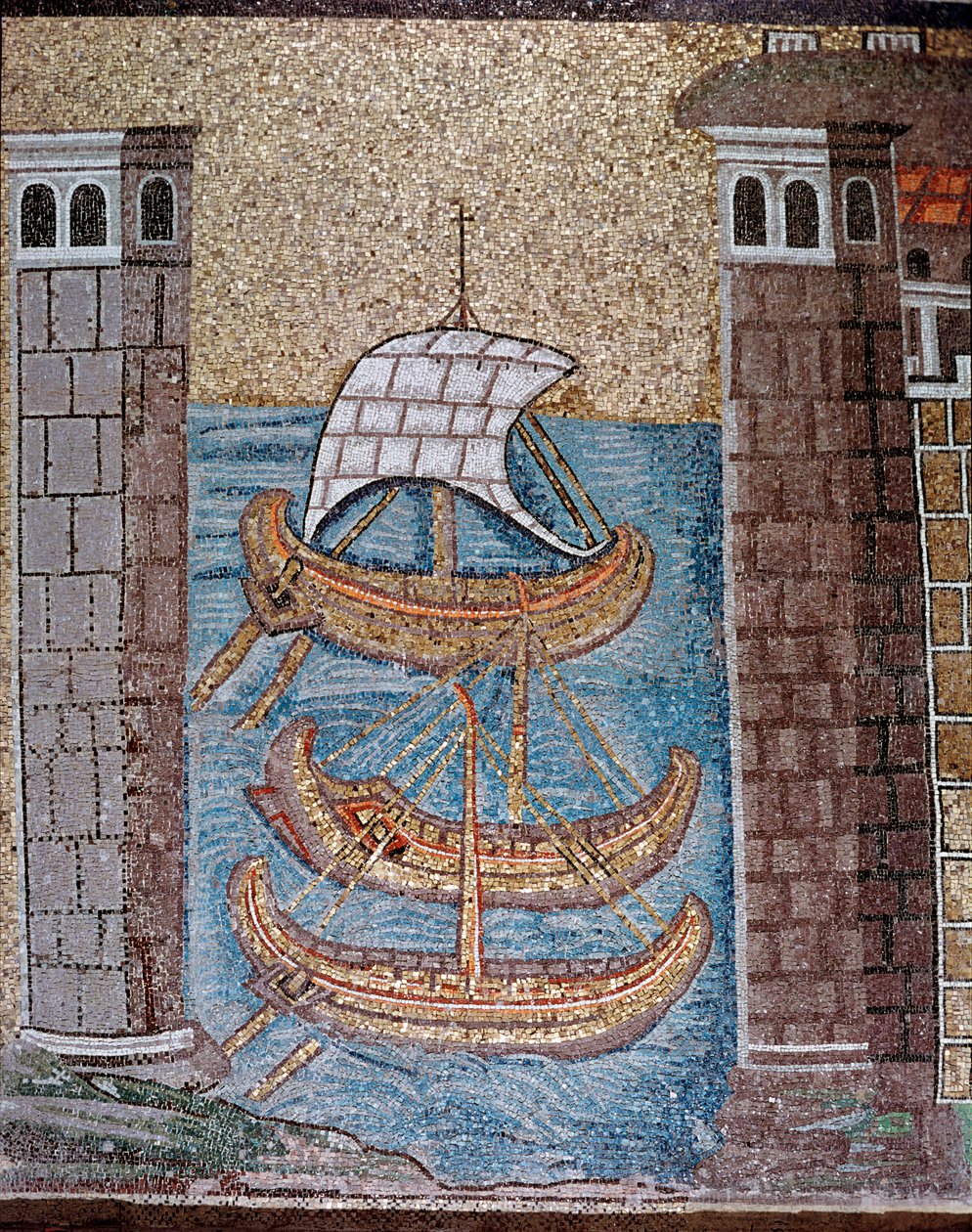 Widok łodzi w porcie Class (Detal mozaiki, VI wiek) autorstwa Byzantine School