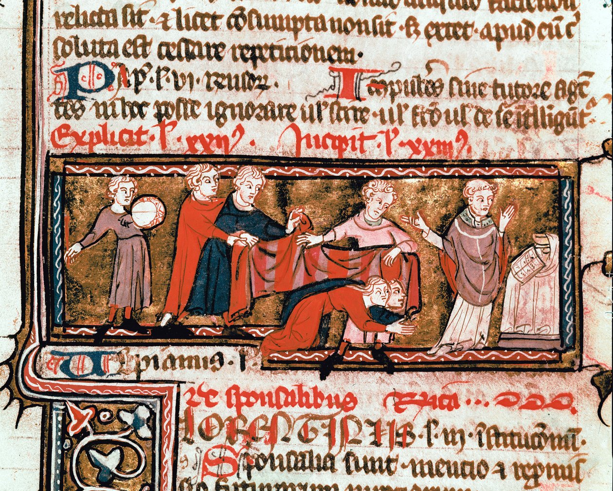 Scena ślubu, małżonkowie są przykryci tkaniną, symbolem ich związku Miniatura zaczerpnięta z Kodeksu Justyniana (Codex Justinianus), zbioru praw i instytucji przeredagowanych pod rządami rzymskiego cesarza Justyniana I z Bizancjum (483-565) ms. 824 Mila autorstwa Byzantine School