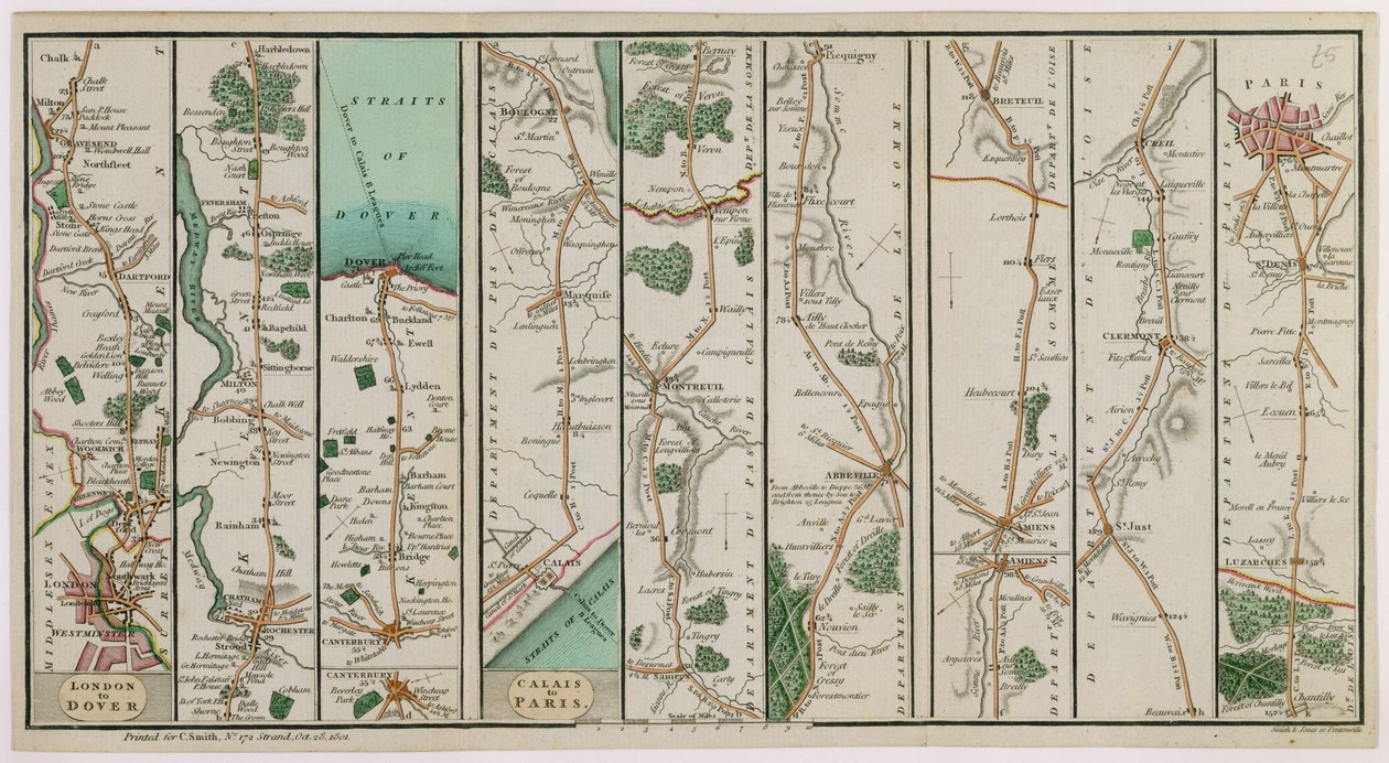Nowy plan drogi z Londynu do Dover i z Calais do Paryża, grawerowany przez Smitha i Jonesa, 1801 (kolor grawerowany) autorstwa C. A. Smith
