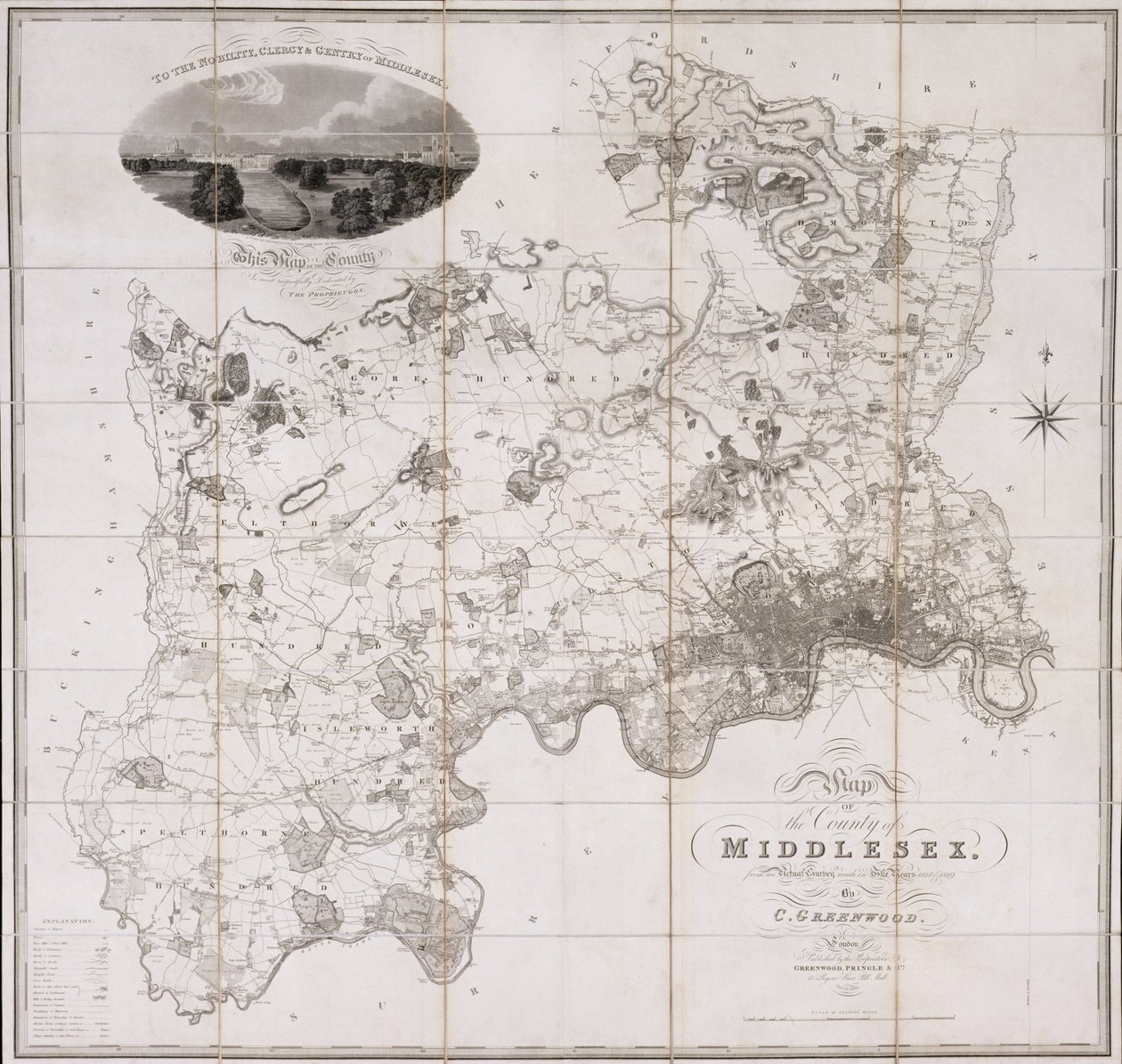 Mapa hrabstwa Middlesex, opublikowana 1819 (druk) autorstwa C. Greenwood