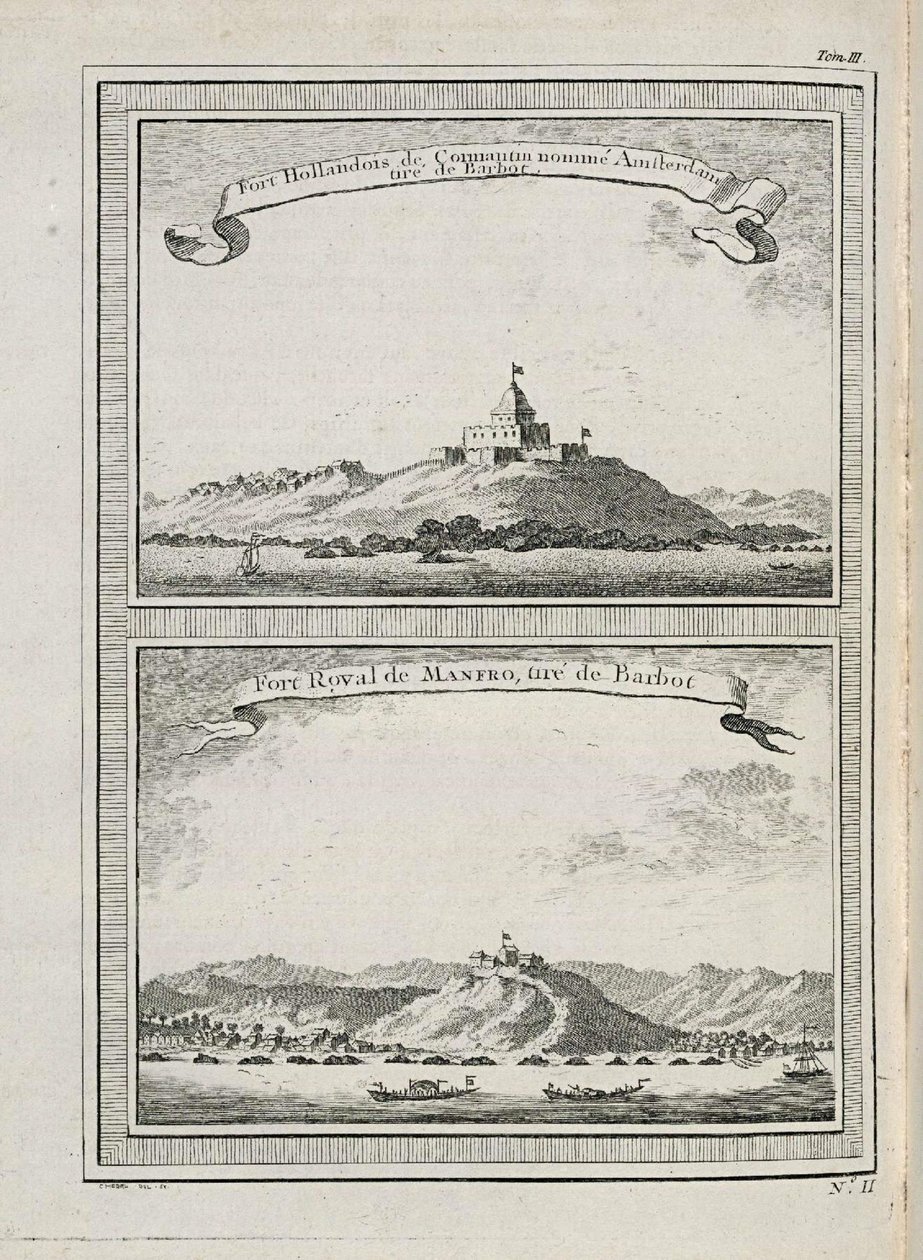 Widok na forty Amsterdamu na Cormantin i fort Groot Frederiksborg w Princes Town autorstwa C. Hedel