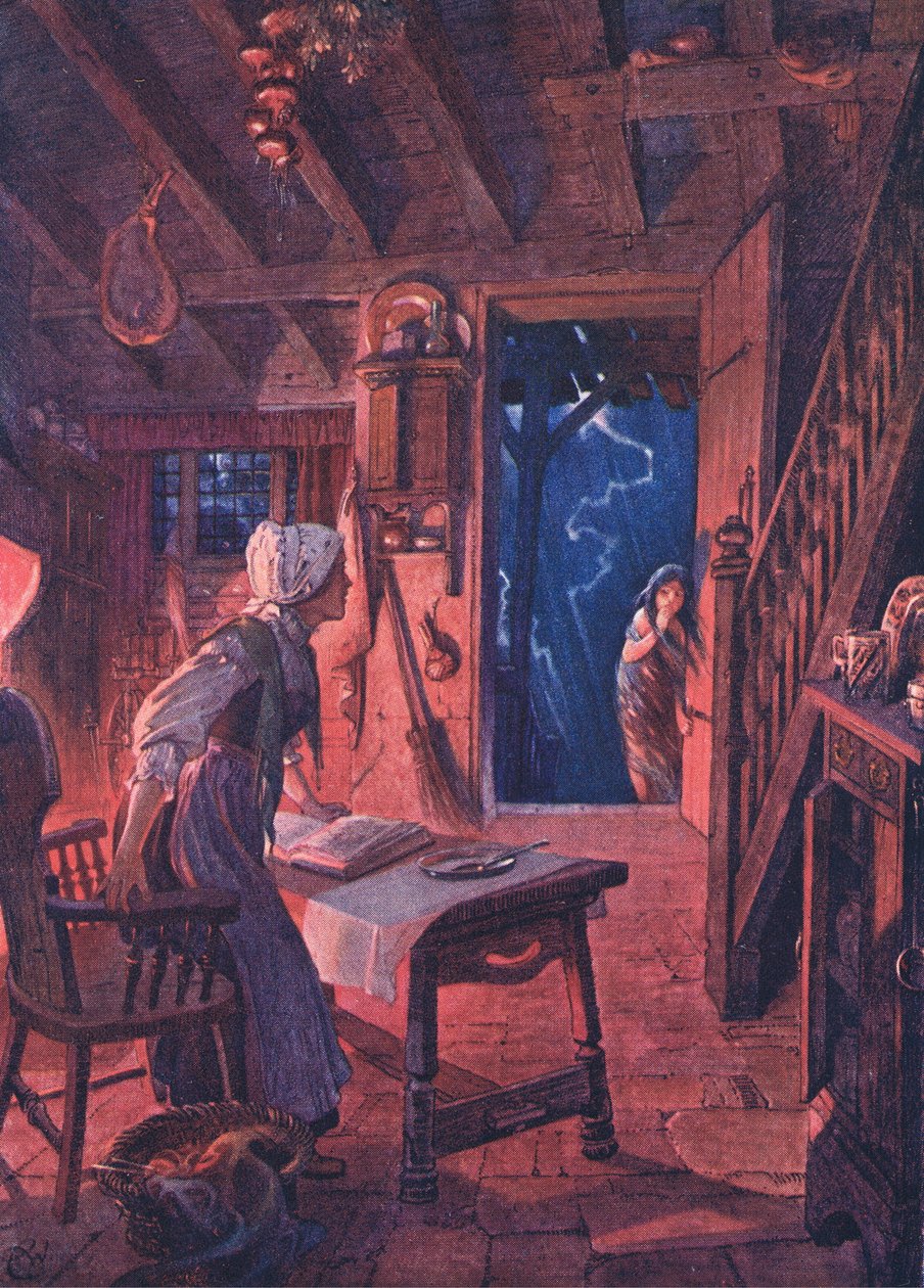 Drzwi się otworzyły, a na progu zaskoczona kobieta zobaczyła młodą dziewczynę, z The Child of the Air pub.by Duckworth, 1910 autorstwa C. Wilhelm