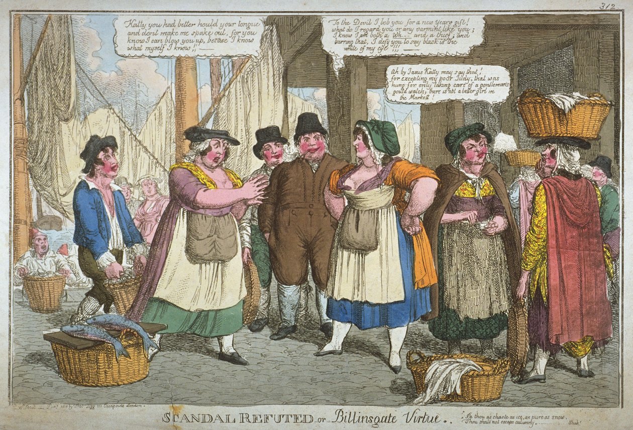 „Skandal obalony lub cnota Billingsgate”, 1818 (akwaforta ręcznie kolorowana) autorstwa C. Williams