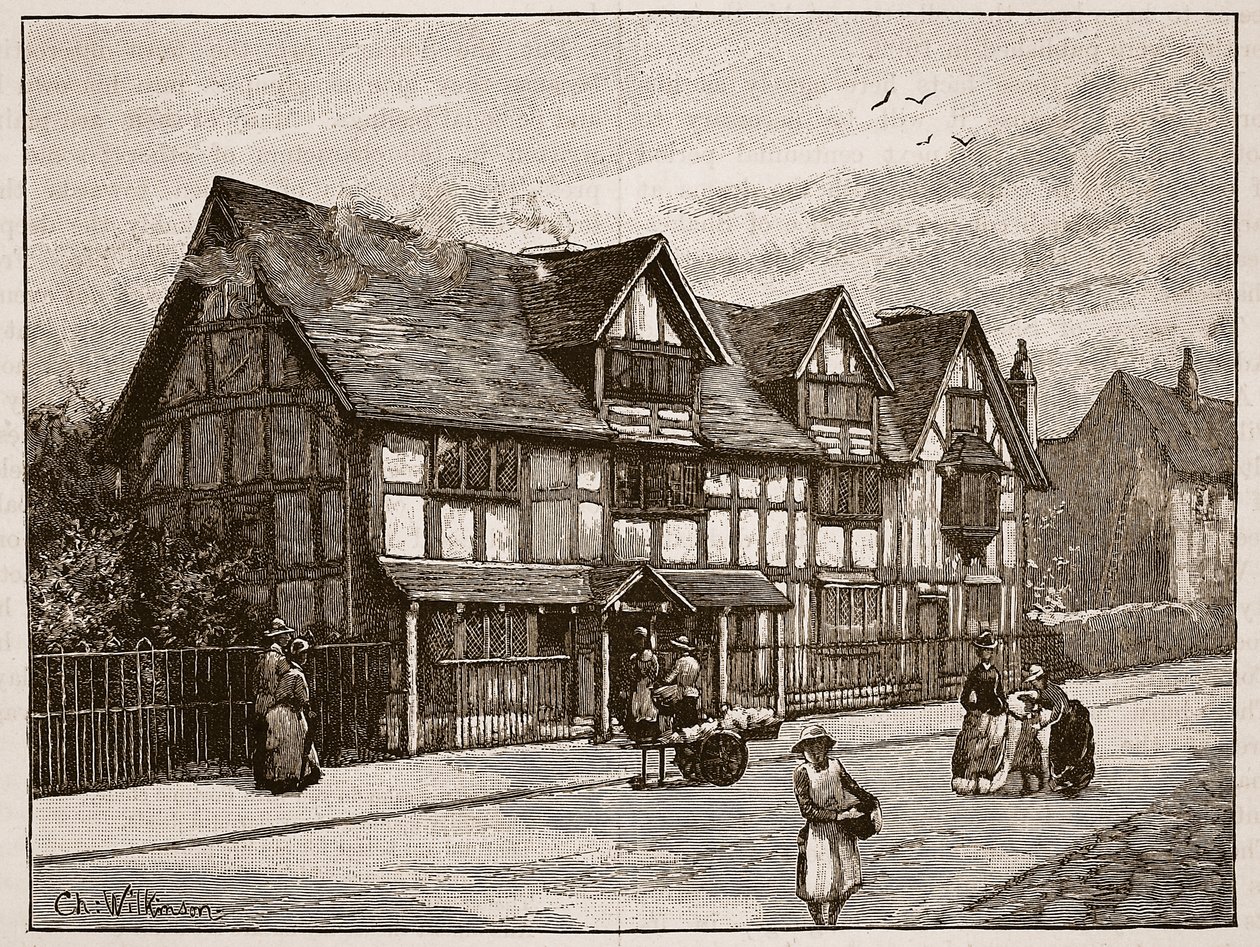 Dom w Stratford-on-Avon, gdzie urodził się Szekspir, ilustracja z „Ilustrowanej historii Anglii Cassella” (zdjęcie w sepii) autorstwa C.A. Wilkinson