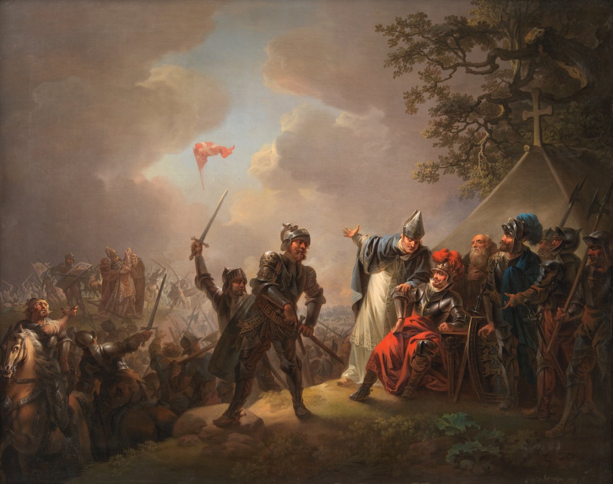 Legenda duńskiej flagi (Dannebrog) spadającej z niebios podczas bitwy pod Lyndanise (Tallin) w Estonii w 1219 roku autorstwa C.A. Lorentzen
