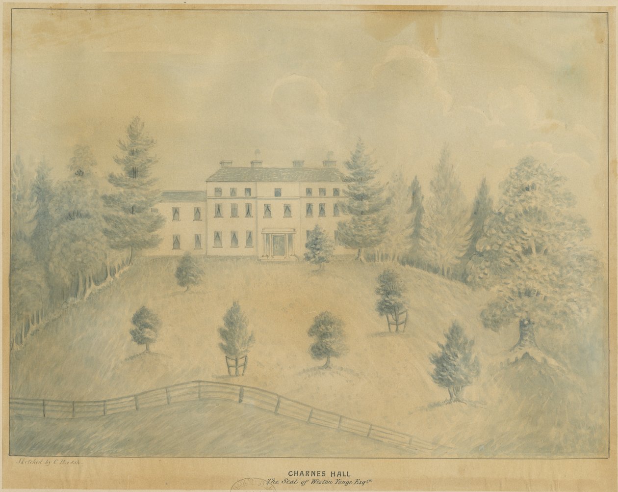 Charnes Hall: rysunek ołówkiem i lakierem, nd [XIX w.] autorstwa C.B Ash