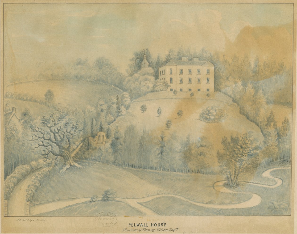 Drayton-in-Hales - Pelwall House: niebieski rysunek wash, nd [?XIX wiek] autorstwa C.B Ash