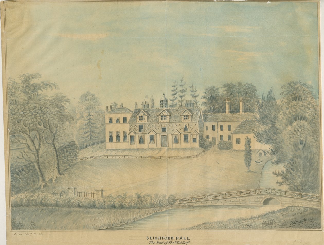 Seighford Hall: kolorowy rysunek wash i [połowa XIX wieku] autorstwa C.B Ash