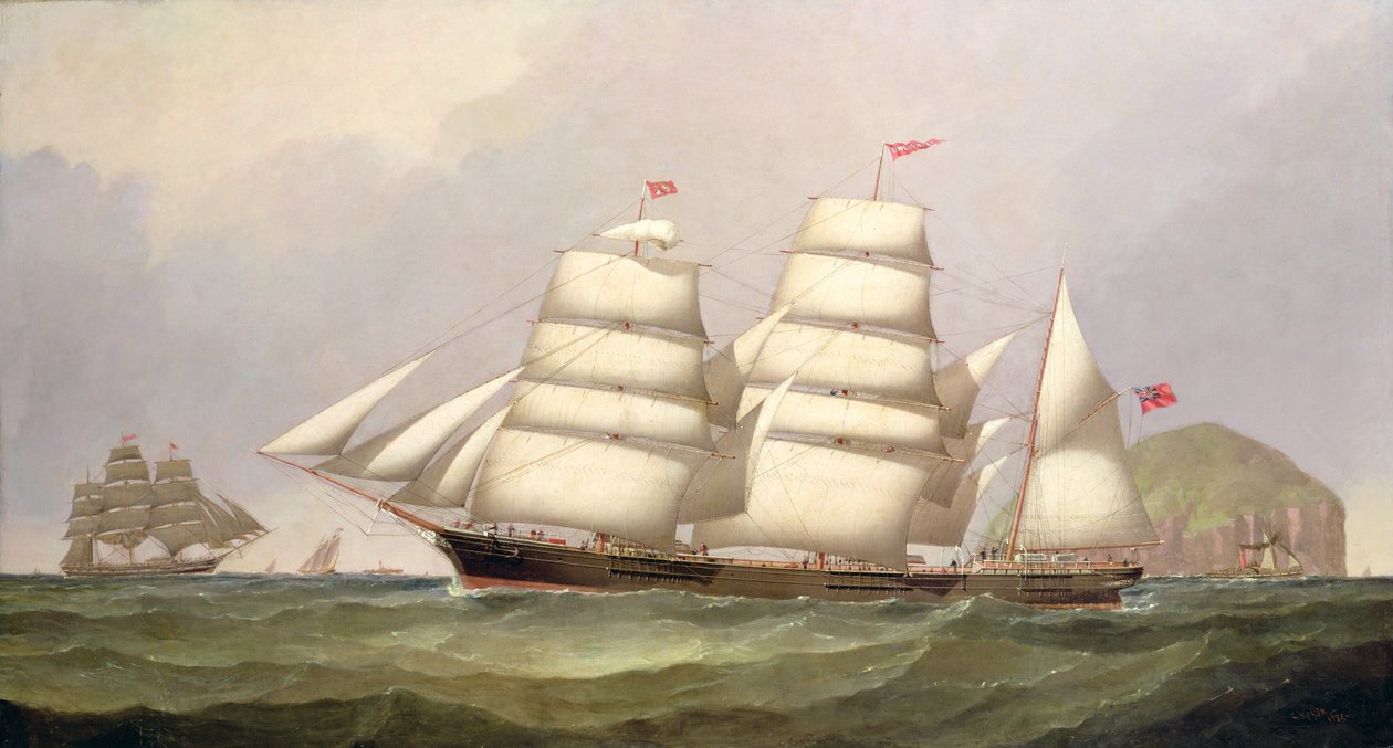 Bark „Undaunted” przy Ailsa Craig, za którym znajdują się statki handlowe autorstwa C.H. Fyfe