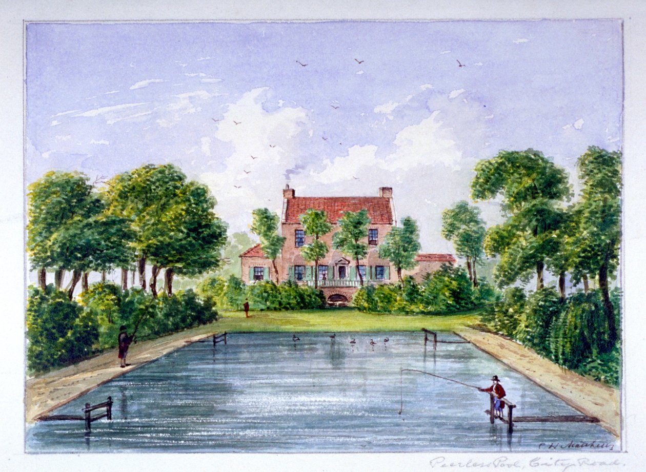 Ludzie łowiący ryby w Peerless Pool, City Road, Finsbury, Londyn, c1800. autorstwa CH Matthews