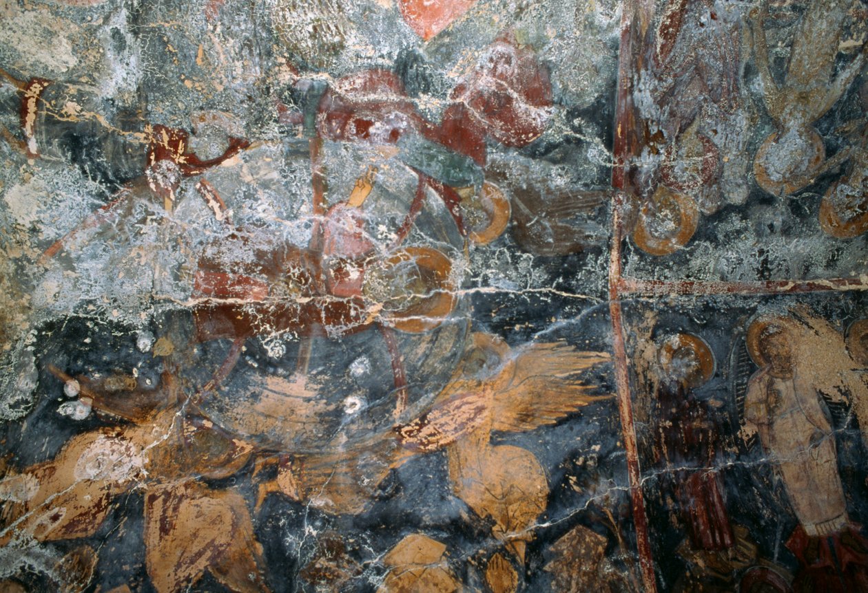 Uszkodzony fresk w kościele Metamorphosis Sotiros, Voutas, Kreta, Grecja (zdjęcie) autorstwa J.B. and Brown J. Rowbotham