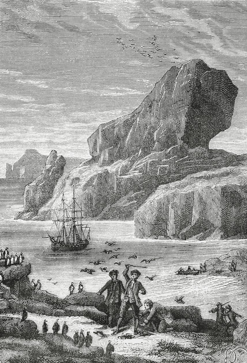 Odkrycie Francji Austral (Wyspy Kerguelena) przez francuskiego odkrywcę Yves-Josepha de Kerguelen-Tremarec (1734-1797), luty 1772, rycina, Ocean Indyjski, Terytorium Francuskich Ziem Południowych i Antarktycznych autorstwa J.B. and Brown J. Rowbotham