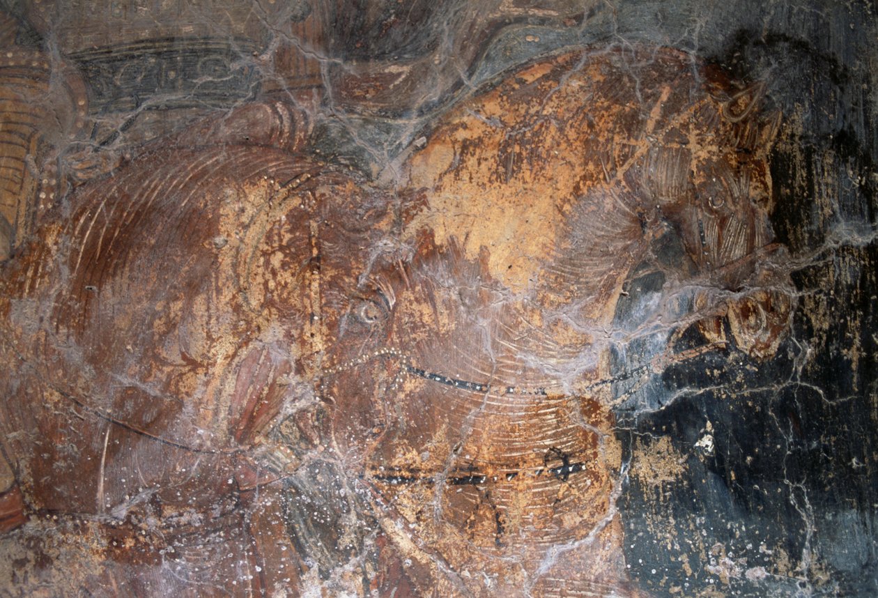 Koń, fragment fresku w kościele Agios Georgios, Komitades, Kreta, Grecja (zdjęcie) autorstwa J.B. and Brown J. Rowbotham