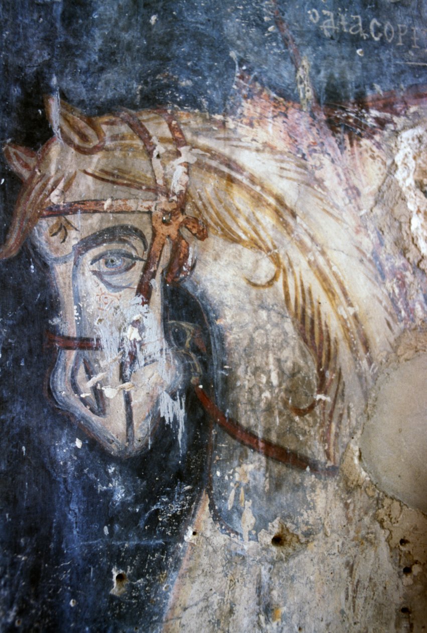 Koń, fragment fresku w kościele Agios Georgios, Vathiako, Kreta, Grecja (zdjęcie) autorstwa J.B. and Brown J. Rowbotham