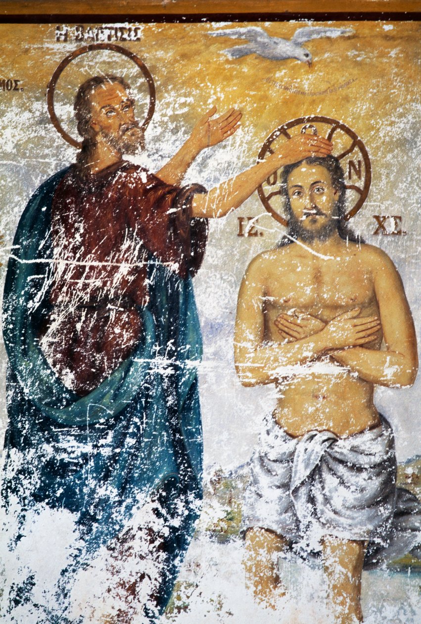 Jezus chrzczony przez św. Jana, fresk w kościele klasztoru św. Jana Teologa (Lista Światowego Dziedzictwa UNESCO autorstwa J.B. and Brown J. Rowbotham