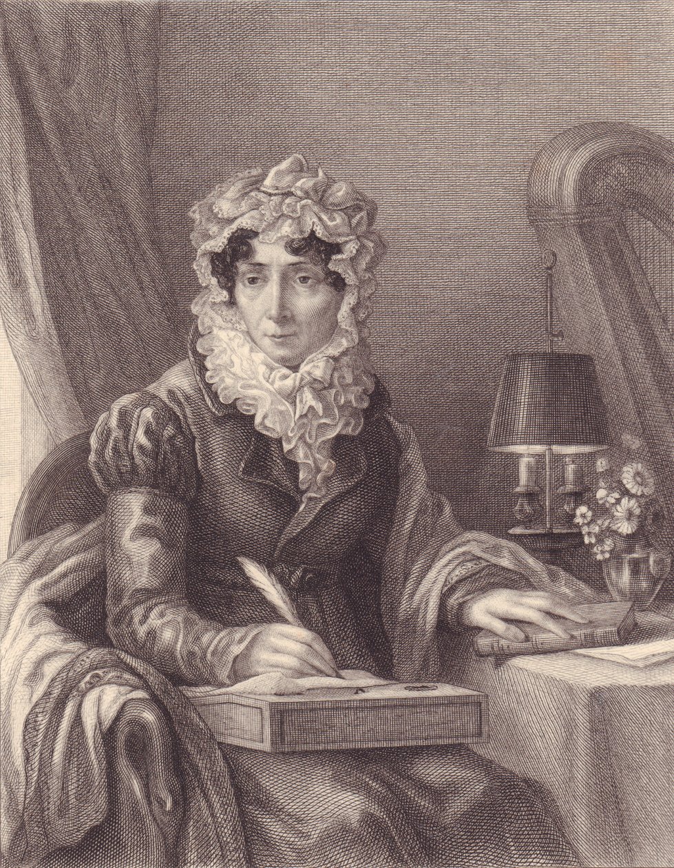 Portret francuskiej pisarki Stephanie-Felicite Ducrest de Saint Aubin, Madame de Genlis (1746-1830), grawerowanie autorstwa J.B. and Brown J. Rowbotham