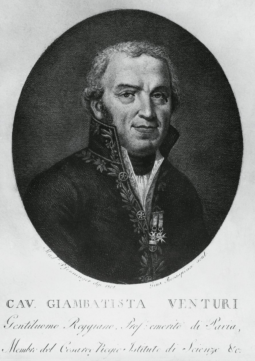 Portret Giovanniego Battisty Venturiego (1746-1822), włoskiego fizyka, dyplomaty, historyka nauki i odkrywcy efektu Venturiego, rycina autorstwa J.B. and Brown J. Rowbotham