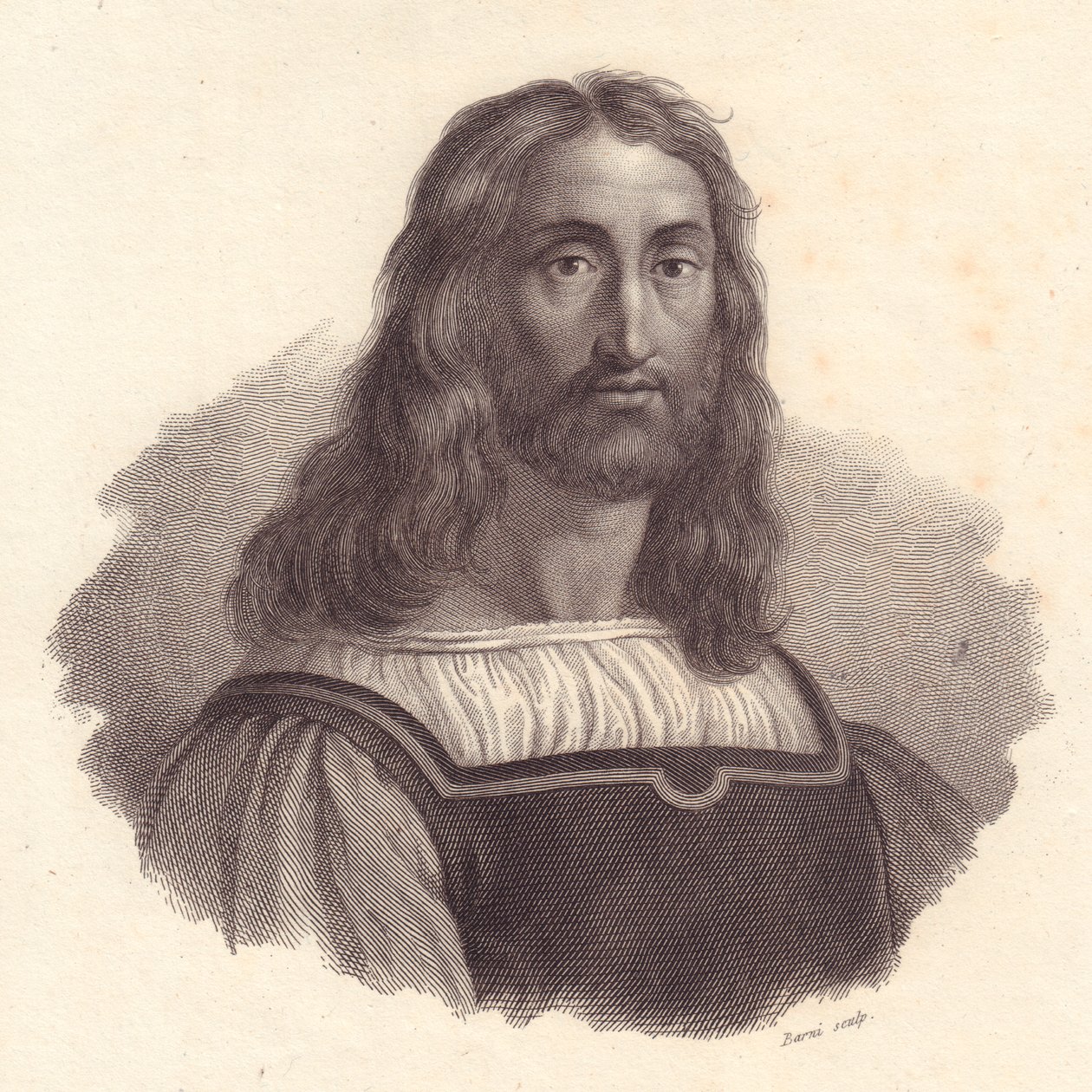 Portret włoskiego grawera Marcantonio Raimondiego (1480-1534), miedzioryt Barniego z obrazu Raffaello Sanzio autorstwa J.B. and Brown J. Rowbotham