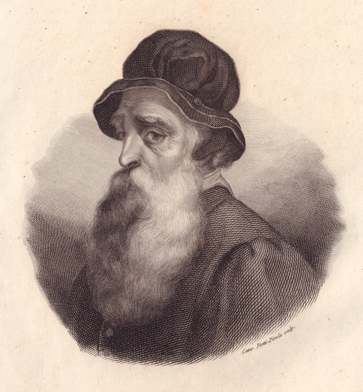 Portret włoskiego rzeźbiarza i złotnika Benvenuto Celliniego (1500-1571), miedzioryt Cateriny Piotti-Pirola z obrazu Giorgio Vasari autorstwa J.B. and Brown J. Rowbotham