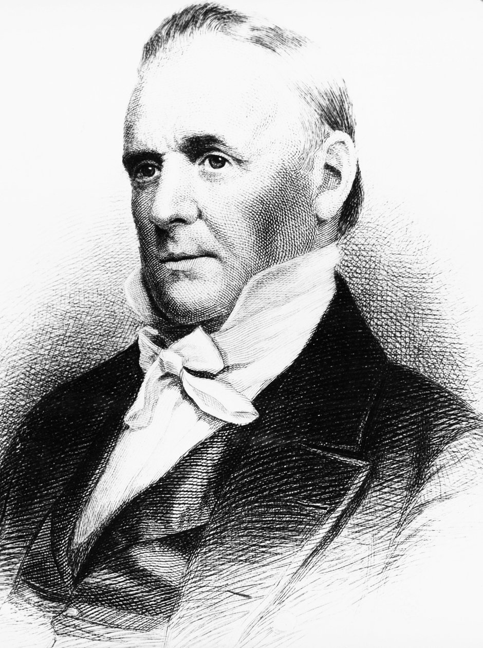 Portret Jamesa Buchanana (1791-1868), amerykańskiego prawnika, dyplomaty i polityka, który pełnił funkcję 15. prezydenta Stanów Zjednoczonych w latach 1857-1861, grawerowanie autorstwa J.B. and Brown J. Rowbotham