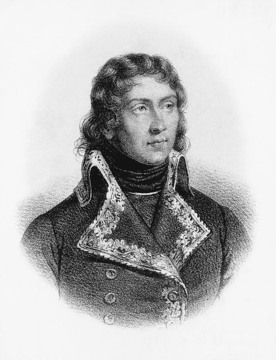 Portret Louis-Charles-Antoine Desaix de Veygoux (1768-1800), francuskiego bohatera wojskowego, który dowodził siłami w niemieckich, egipskich i włoskich kampaniach francuskich wojen rewolucyjnych, grawerowanie autorstwa J.B. and Brown J. Rowbotham