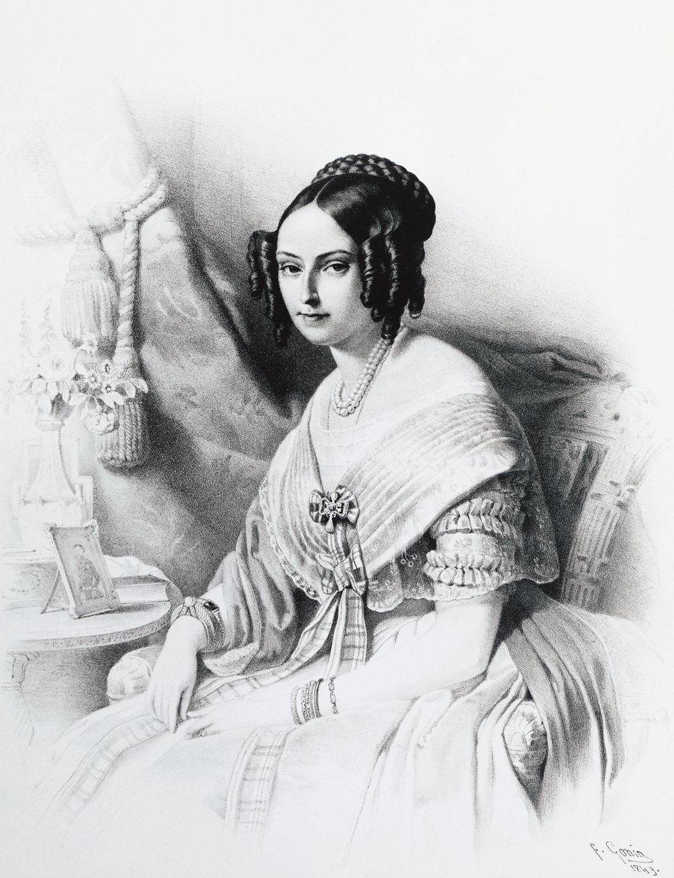 Portret Marii Adelajdy Habsbursko-Lotaryńskiej (1822-1855), żony Wiktora Emanuela II Sabaudzkiego, rycina autorstwa J.B. and Brown J. Rowbotham