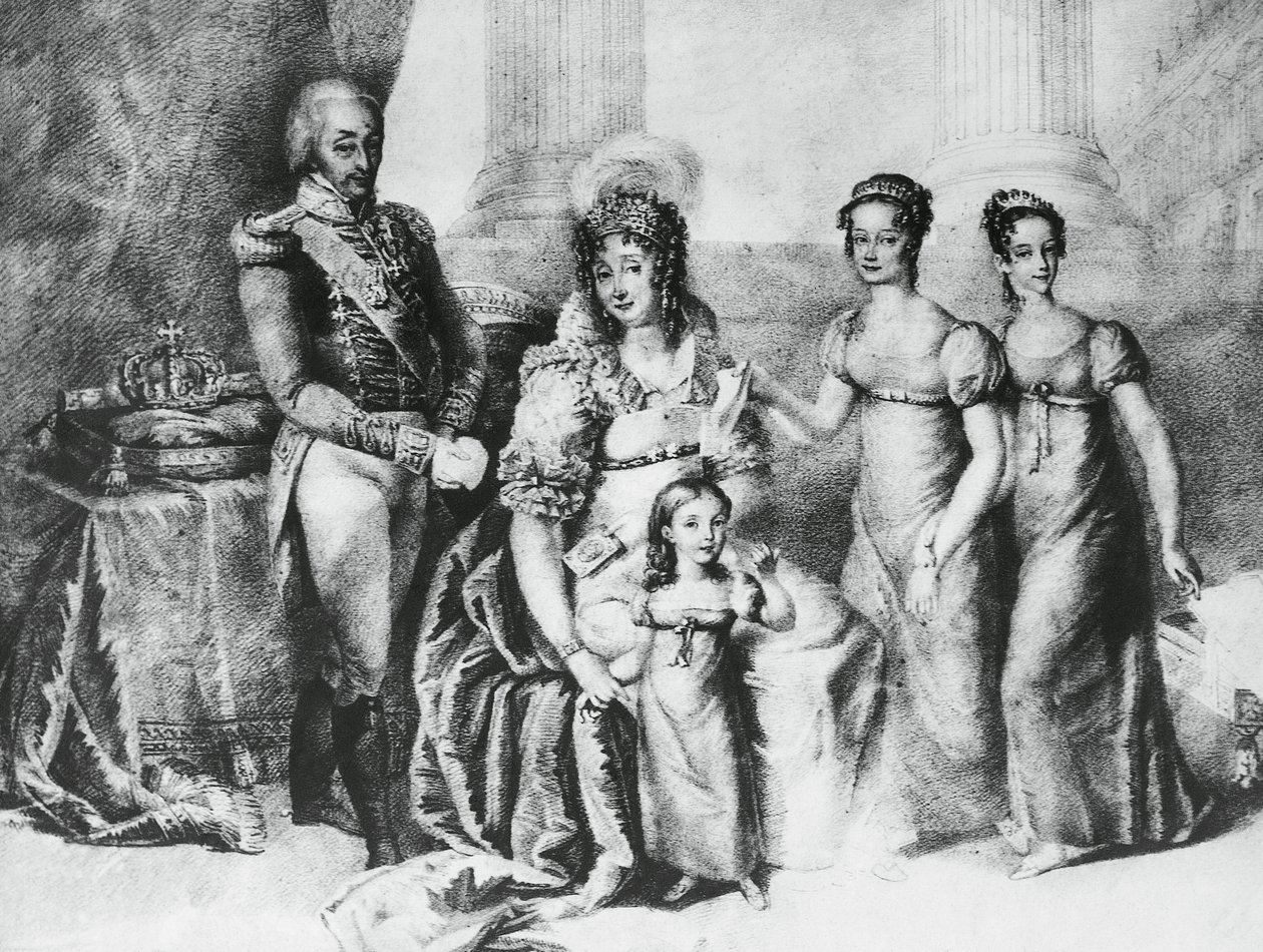 Portret Wiktora Emanuela I, króla Sardynii i księcia Sabaudii, Piemontu i Aosty, z żoną Marią Teresą z Austro-Este i córkami, Marią Teresą z Sabaudii (1803-1879), Marią Anną z Sabaudii i Marią Cristiną z Sabaudii grawerowanie autorstwa J.B. and Brown J. Rowbotham