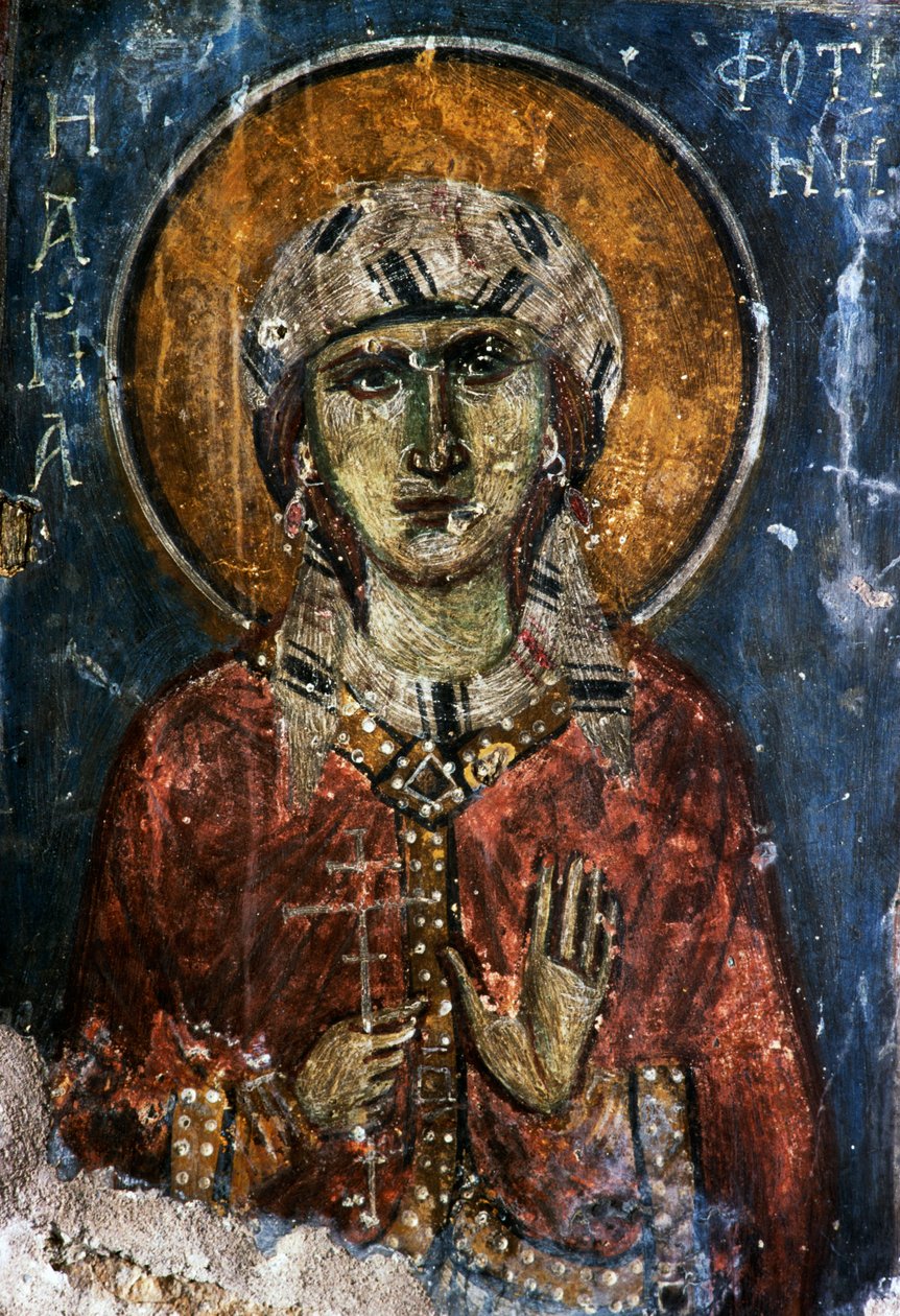 Święty, fresk w bizantyjskim kościele Agios Georgios Sfakiotis, Diavaide, Kreta, Grecja (zdjęcie) autorstwa J.B. and Brown J. Rowbotham