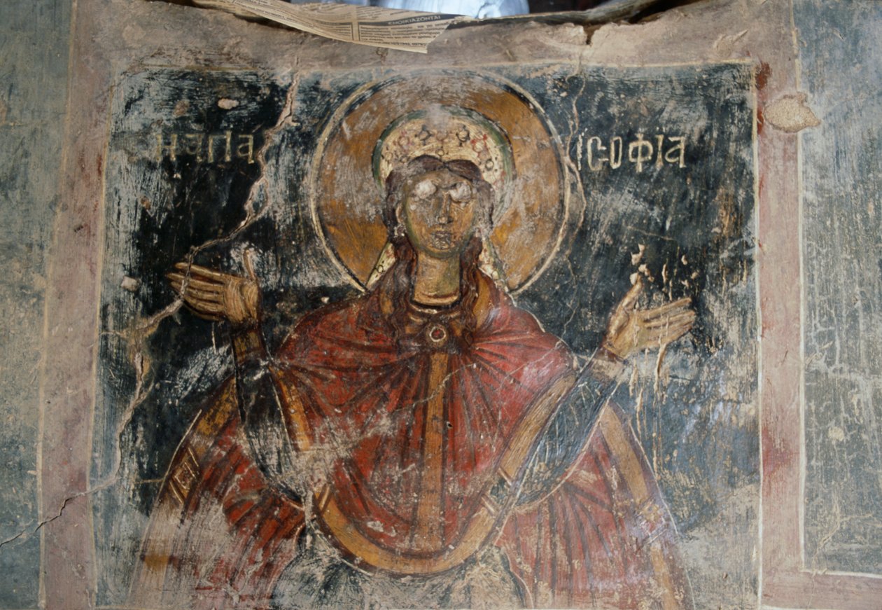 Święty, freski na ścianach w kościele Agios Georgios, Komitades, Kreta, Grecja (zdjęcie) autorstwa J.B. and Brown J. Rowbotham