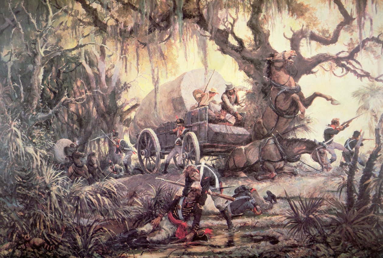 Indianie Seminole urządzają zasadzkę na amerykański wagon dostawczy marines autorstwa J.B. and Brown J. Rowbotham