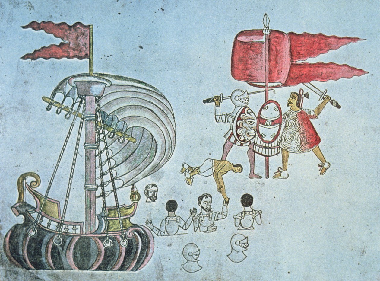 Hiszpańscy żołnierze Hernan Cortes brodzą na lądzie w 1519 roku, by walczyć z Aztekami, skopiowane z Codex Azcatitlan, ok. 1550 (kolor lito) autorstwa J.B. and Brown J. Rowbotham