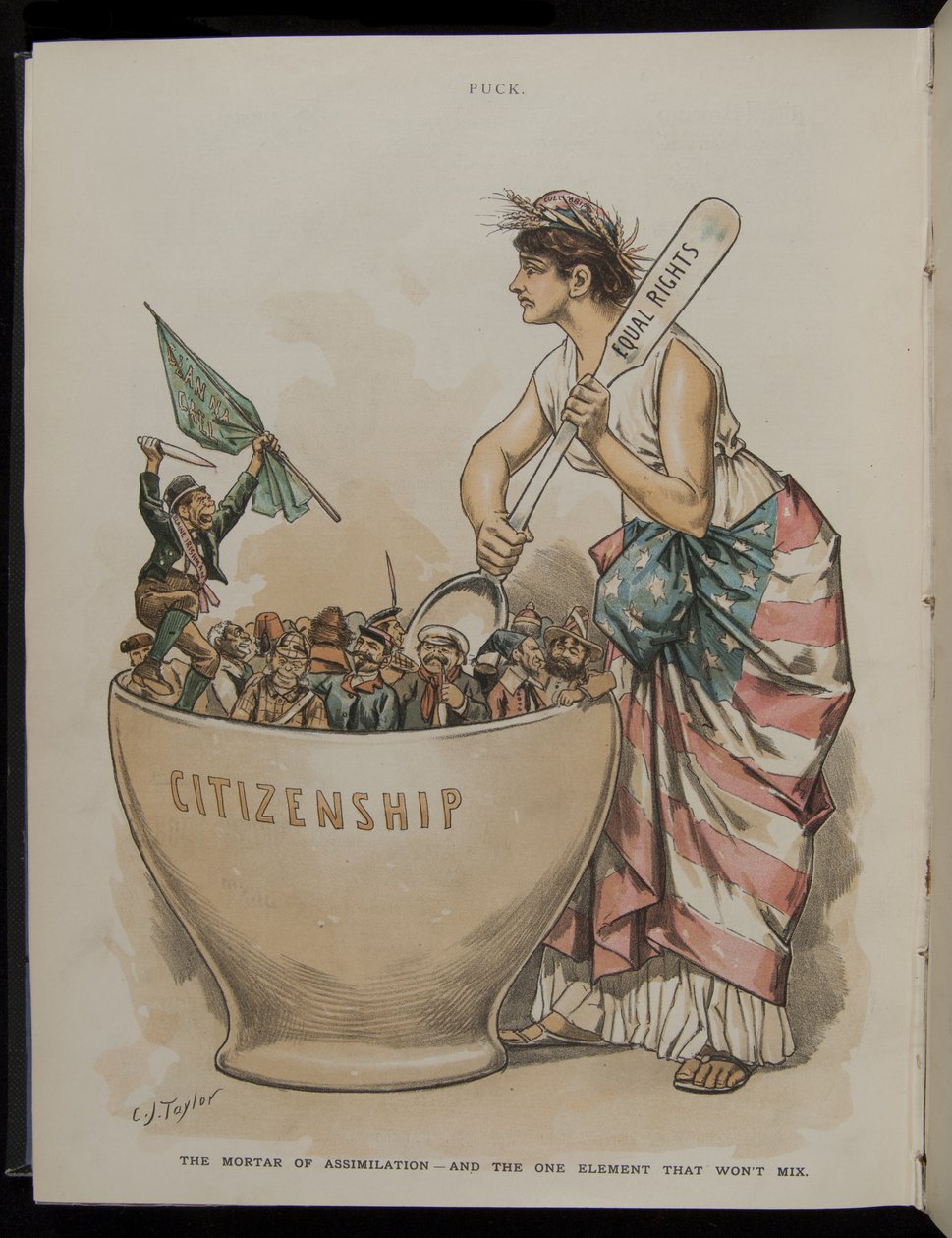 Moździerz asymilacji - i jedyny element, który się nie miesza, ilustracja z magazynu Puck, 26 czerwca 1889 autorstwa C.J. Taylor