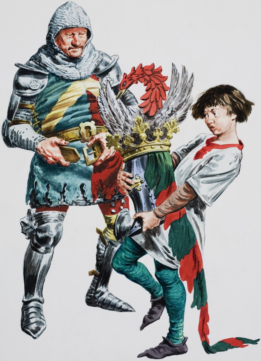 Rycerz zakładający zbroję (gwasz na papierze) autorstwa C.L. Doughty