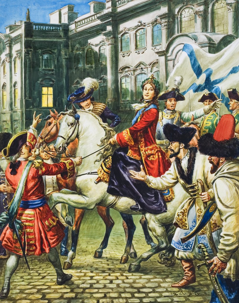 Katarzyna Wielka (1729-96) zostaje cesarzową Rosji po uwięzieniu jej męża, cara Piotra (gwasz na papierze) autorstwa C.L. Doughty